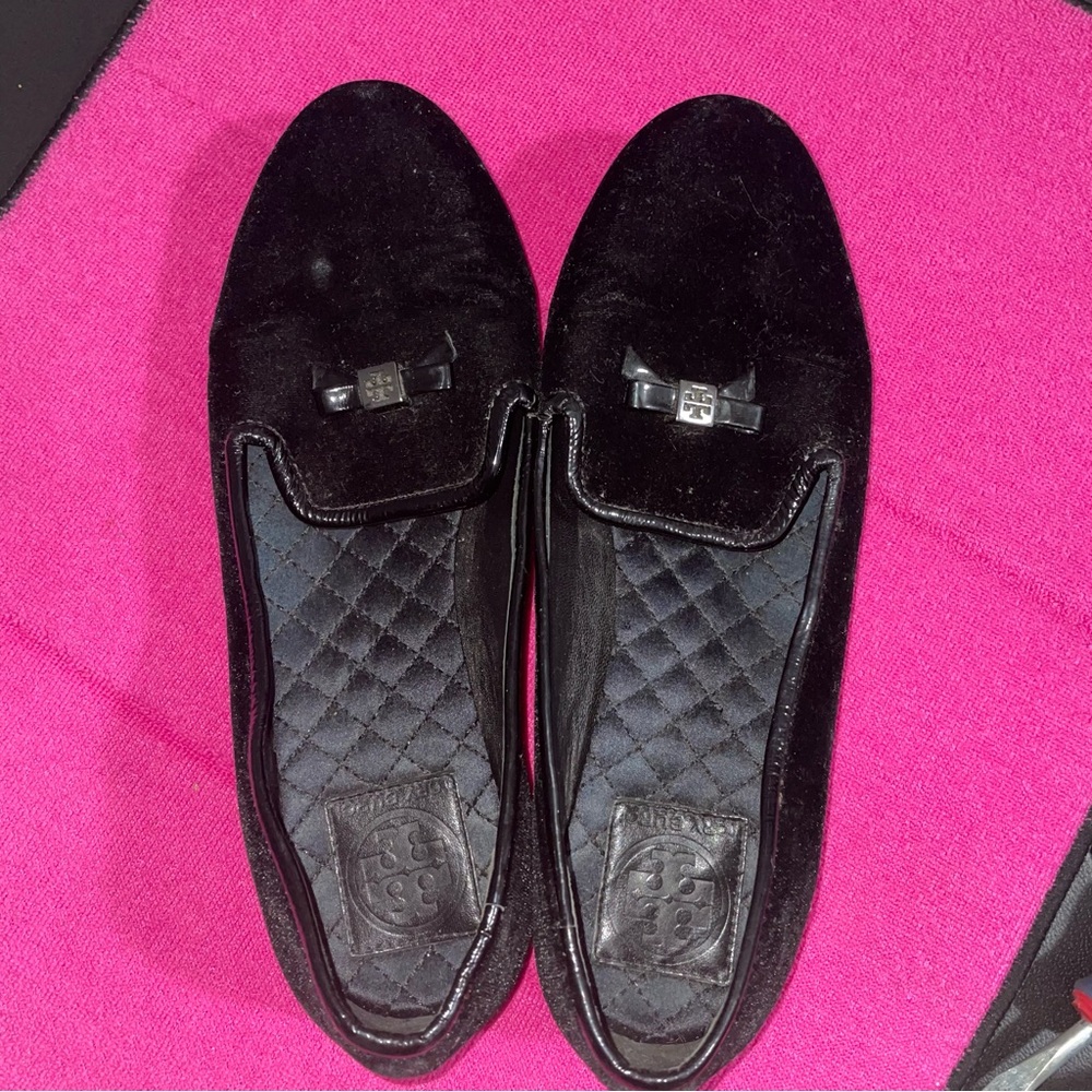 Tory Burch Black Velvet Loafers with Bow Accent - Women Shoes